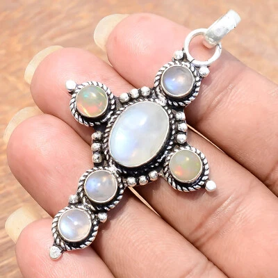 Rainbow Moonstone, Ethiopian Opal Pendant 925 Sterling Silver Military Cross - Image 1 of 4