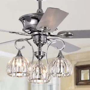 Mavyn Chrome 52-Inch 3-Light Lighted Ceiling Fan w Crystal Chandelier w Remote - Picture 1 of 5