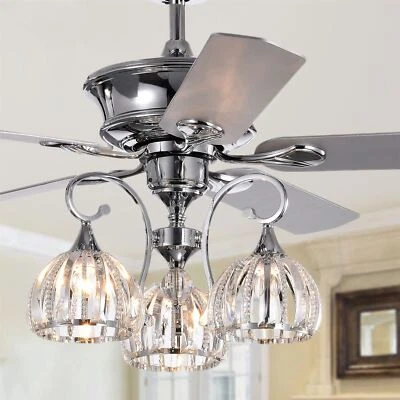 Mavyn Chrome 52-Inch 3-Light Lighted Ceiling Fan w Crystal Chandelier w Remote - Image 1 of 4