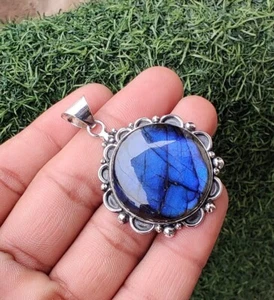 Ciondolo vero labradorite blu fuoco argento sterling 925 massiccio design tondo - Foto 1 di 6