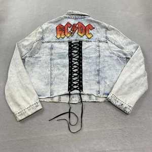 ACDC Jacket Womens 3X Button Front Lace Up Back Trucker Denim Jean Crop Acid - Picture 1 of 17