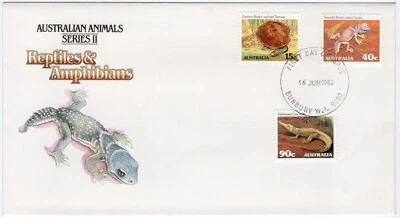 1982 FDC Australia - Reptiles & Amphibians - 15, 40 & 90 Cent Stamps, Bunbury - Image 1 of 2