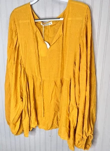 Rusttydustty Womens TOP 4XL Boho Chic Mustard Yellow Embroidered Tie Peasant NEW - Picture 1 of 11