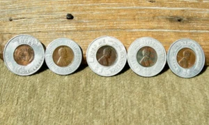 group 5 pcs WHEAT EAR CENT ENCASED PENNIES REXALL DRUG, RED GOOSE SHOES BENDIX - Picture 1 of 12