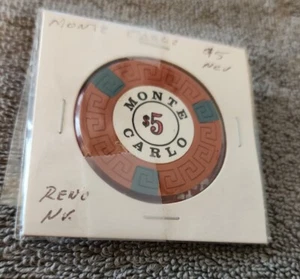 Vintage 1970er Jahre Monte Carlo Reno Nevada $ 5 Casino Chip mit silbernen Hausschuhen Streichholz Buch - Bild 1 von 6