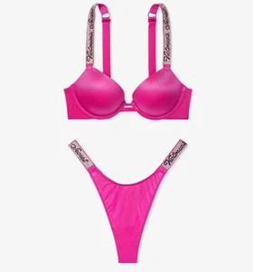 Victorias Secret Sexy RHINESTONE Shine Strap Push Up Bra Thong Set Smooth Frenzy - Picture 1 of 7