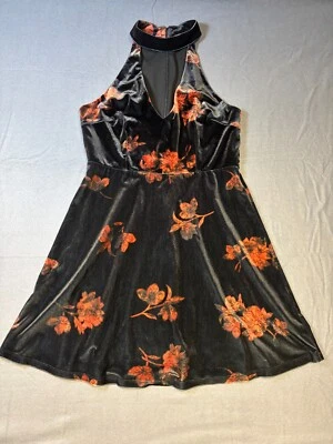 Venus Halter Top Key Hole Cutout Velvet Floral Swing A-Line Dress Size Large - Image 1 of 4