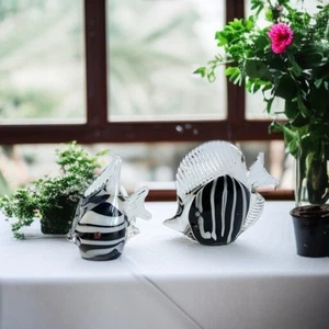 Vintage Swirl Fish Crystal Figurine Murano Style Black & White Set of 2 - Picture 1 of 13