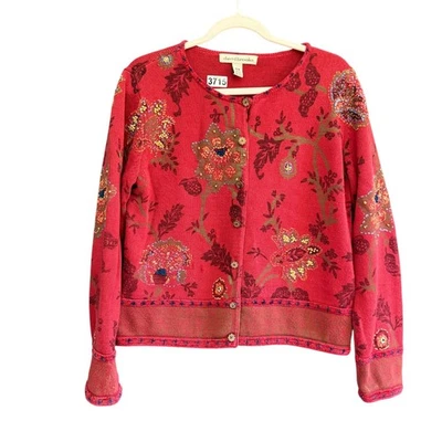 David Brooks Embroidered Floral Leaves Knit Cardigan Sweater Womens Medium Red - Image 1 of 4