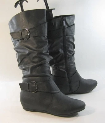 Bota Feminina Preta 1.5" Salto Cunha Oculto Biqueira Redonda Joelho Tamanho 6.5 - Imagem 1 de 4