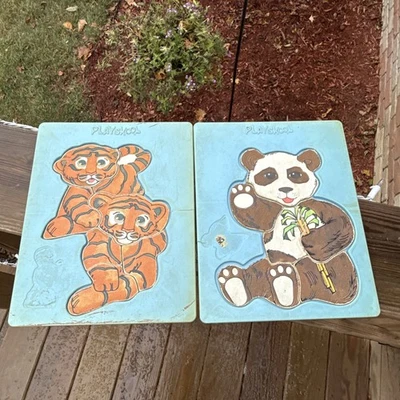 2 Vintage Playskool Flocked Pressed Wood Children’s Puzzles In Plastic Tray - Image 1 of 4