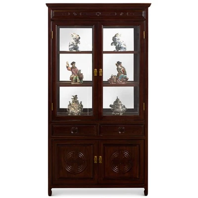 US SELLER - Dark Cherry Rosewood Longevity Motif Oriental China Cabinet - Image 1 of 4