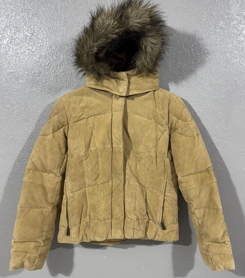 Chaqueta acolchada Eddie Bauer plumón de ganso marrón gamuza cuero imitación piel para mujer pequeña S Foto 1 de 4