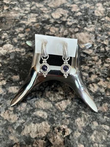 JUDITH RIPKA EARRINGS Sterling Silver Hoop Dangle Amethyst? Purple Gem Omega Bk. - Picture 1 of 21