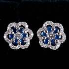14K White Gold Round Sapphire Diamond Stud Earrings W/ Butterfly Backs .37Ctw