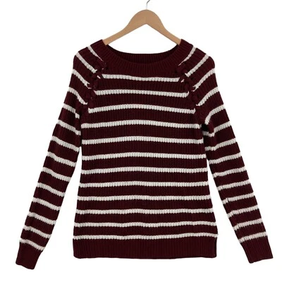 SO Women's Maroon & White Striped 100% Acrylic Long Sleeve Slit Sweater Size L - Image 1 of 4