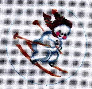 Handpainted Needlepoint Canvas, Skiing Snowman Ornament, 4" x 4" rzzart - Picture 1 of 1