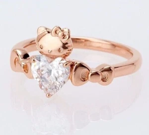 Heart Cut Simulated Diamond Hello Kitty Engagement Ring In 14k Rose Gold Plated - Picture 1 of 5