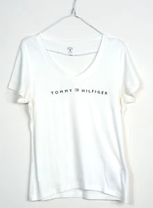 Tommy Hilfiger Large White Diamante V Neck Short Sleeve T Shirt Top Designer - Picture 1 of 7