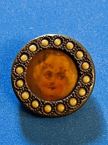 Antique Celluloid Lithograph Victorian Portrait 5/8” Button Metal Studded Border Cover