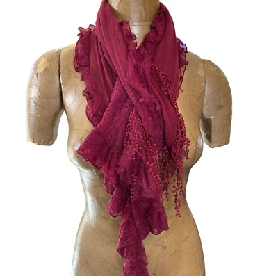 BOHO Artsy 荷叶边花边围巾 Coldwater Creek 勃艮第钩针花边 #335C — 第 1/4 张图片