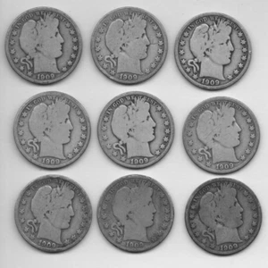 LOT OF NINE Barber Silver Half Dollars All 1909 with 1- 1909-S - Bild 1 von 2