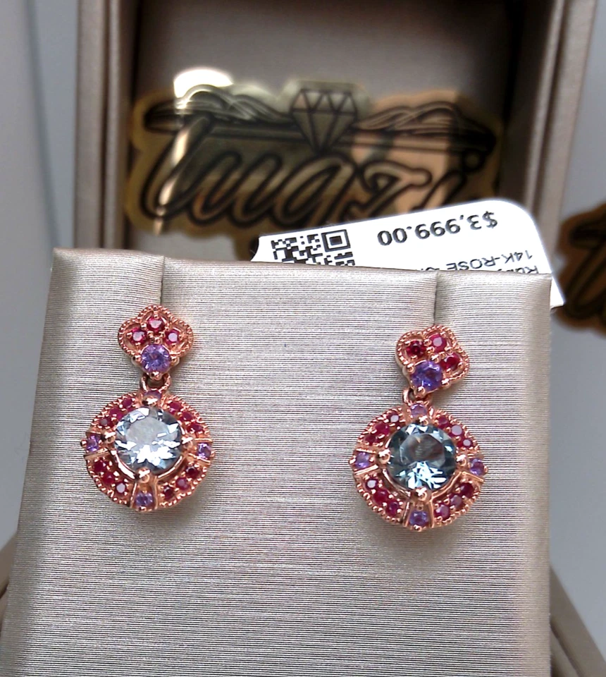 💥$4000- PENDIENTES COLGANTES HALO ESPINELA AMATISTA NATURAL, RUBÍ Y ORO ROSA 14K💥 Foto 1 de 4
