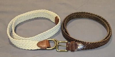 Lote Cinturón Trenzado Polo Ralph Lauren Vintage Cuero Marrón Blanco Algodón 30-32"  Foto 1 de 4