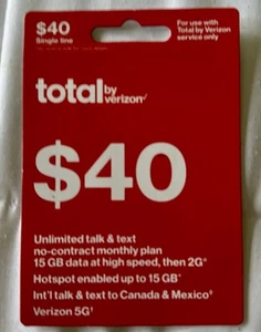 Total Phone 📞 Card Verizon $40 No-Contract Plan 15 GB High Speed [ Delivered - Zdjęcie 1 z 3