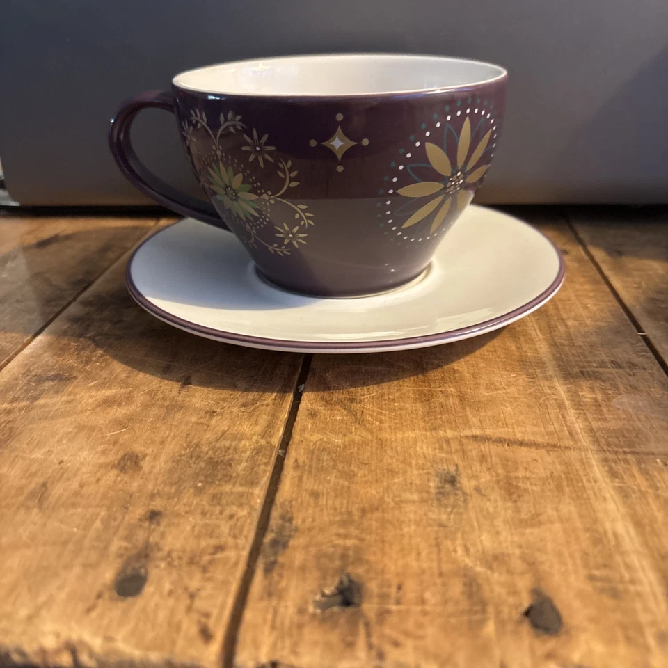 Starbucks Cup & Saucer Holiday 2006 Star Purple and Gold Set 12 oz Taza Taza Taza de té Foto 1 de 4