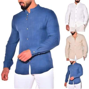 Men's Casual Cotton Linen Blend Shirt in Khaki, White, and Blue - Stylish Youth - Picture 1 of 27