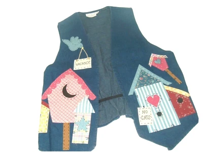 Colete Vintage Grannycore Denim Casa de Pássaros Artesanato-wares Artsy M EUA floresta kitsch - Imagem 1 de 4