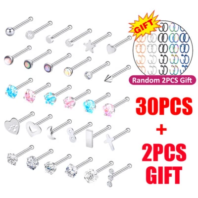 30PCS Nose Ring Surgical Steel Straight Bone Studs Tragus Stud Body Piercing 20G - Image 1 of 4