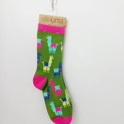 Meia feminina menino tripulação Karma lhama rosa amarelo verde drama algodão presente nova com etiquetas - Imagem 1 de 4