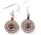 5.7Gm 925 Sterling Silver Natural Garnet &C.Z. Stone Two Tone Earring 1.3" M2915