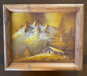 Vintage Framed Oil Wood Art Painting Yellow Trees Forest Mt Shack Signed 12”x10” - Picture 1 of 10