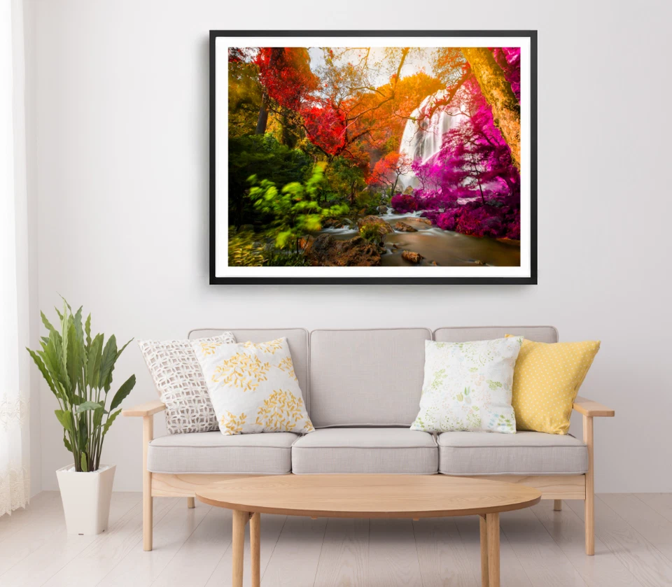 Waterfall Print, Autumn Trees Wall Art, Rocks Framed Nature Wall Art, Natural   - Image 1 of 1