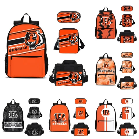 Cincinnati Bengals Backpack 4PCS Book Bag Lunch Box Crossbody Bag Pencil Case Cover