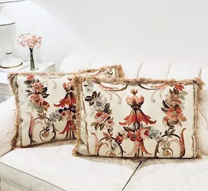 2 Aubusson Wool Tapestry Floral Needlepoint Pillow Down Fringe Silk Set Vtg 24” - Picture 1 of 11