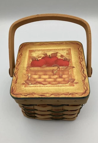 Woven Basket with Moveable Handle Hinged Lid with Apples in a Basket Design 4” Cover