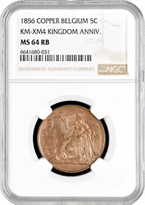 Belgium 5 centimes 1856, NGC MS64 RB, "25th Anniversary of Kingdom" Pop 4/1 - Picture 1 of 2