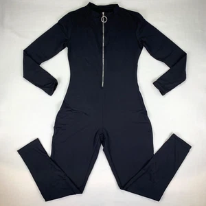 Womens Black Bodysuit Jumpsuit Zipper Catsuit Size L Overall One Piece - New - Picture 1 of 11