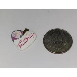 Victoria Heart Shaped Kiln Fired Porcelain Metal Bail Pendant ~ Flower graphic - Picture 1 of 3