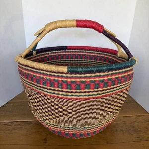 African Bolga Market Basket Large Basket Pink-purple-blue Wrapped Handle 15”x11” - Picture 1 of 10