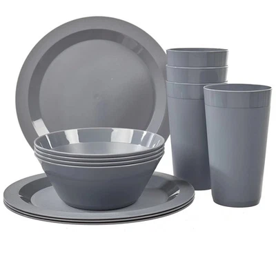 US Acrylic Newport Plastic Plate, Bowl and Tumbler Dinnerware Set for 4 in Grey - Image 1 of 4