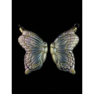 Lot 2 Vintage mundgeblasen Merkur Glas Ornament blau lila Glitzer Schmetterling Polen - Bild 1 von 8