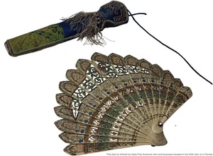 Beautiful Vintage Floral Holly Filigree Motif Fan with Embroidered Fabric Case - Picture 1 of 11