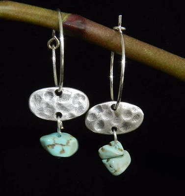 Silver Sterling 925 Plated Hammered Ellipse Discs Hoop Earrings Turquoise Stones - Image 1 of 3