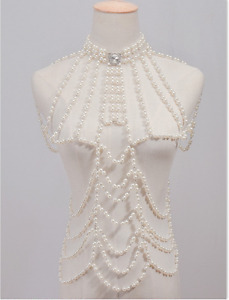 Body Chain Pearl Wedding Harness Rhinestone Belt Top Neck Festival Boho Goddess 