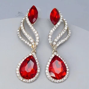 Red Drop Dangle Chandelier Earrings Crystal Rhinestone Gold Plated Women 07875 - Picture 1 of 5